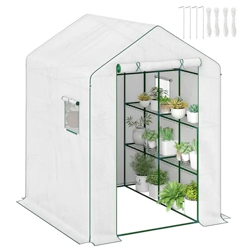 Outsunny Gartengewächshaus PE mit Regalen 3 Ebenen, Balkongewächshaus, verstärkte Plane 135 g/m², Stahlrahmen, aufrollbare Reißverschlusstür, für Gemüse Pflanzen Blumen, 140x143x190cm, weiß – Bild 10