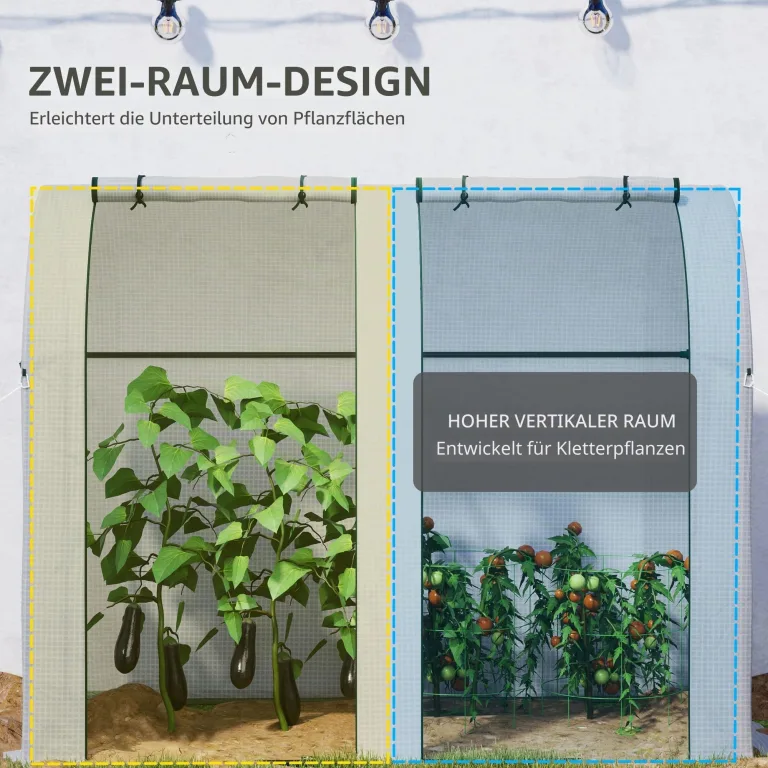 Outsunny Gartengewächshaus 1,8 m² Tomatenhaus Abm. 1,85L x 0,9l x 1,5H m 2 Rolltüren mit Reißverschluss 4 Rollfenster Stahl PE mit hoher Dichte 135 g/m² UV-beständig weiß – Bild 3