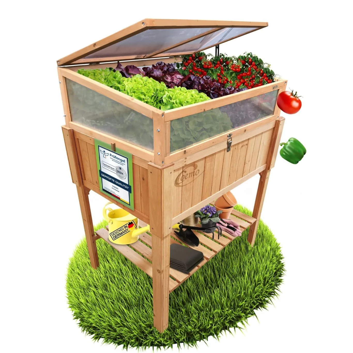 Coemo Hochbeet mit Frühbeetaufsatz 90 × 40 × 120 cm – ergonomisches Gartenbeet aus Holz – wetterfest & nachhaltig – für Gemüse, Kräuter & Blumen – rückenschonend mit Stauraum & einfacher Montage - Bild 1