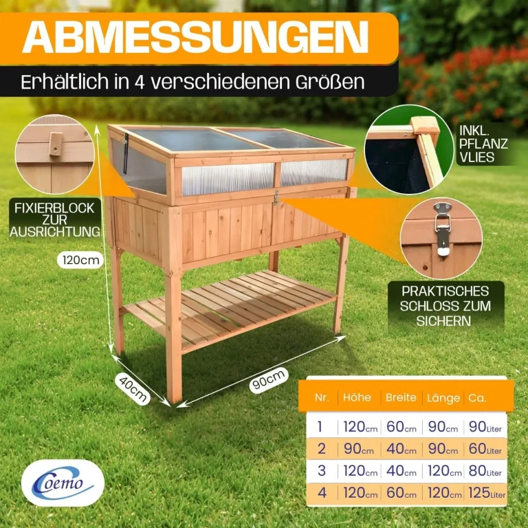 Coemo Hochbeet mit Frühbeetaufsatz 90 × 40 × 120 cm – ergonomisches Gartenbeet aus Holz – wetterfest & nachhaltig – für Gemüse, Kräuter & Blumen – rückenschonend mit Stauraum & einfacher Montage – Bild 3