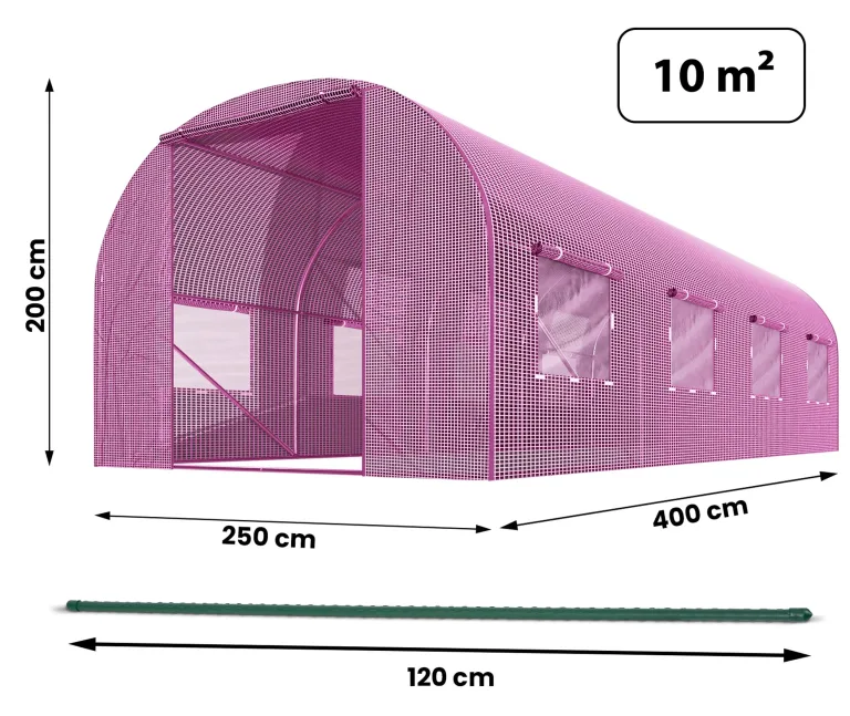 Garten-Gewächshaus Tunnel 2,5 × 4 m - 10 m² Folientunnel mit Stahlrahmen | PE-Folie 140 g/m² UV-beständig | 8 Fenster mit Moskitonetz | Pflanzenschutz | Rosa – Bild 3