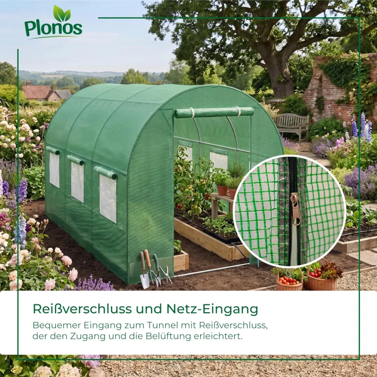Garten-Gewächshaus Tunnel 2 × 3 m - 6 m² Folientunnel mit Stahlrahmen | PE-Folie 140 g/m² UV-beständig | 6 Fenster mit Moskitonetz | Pflanzenschutz | Grün – Bild 9