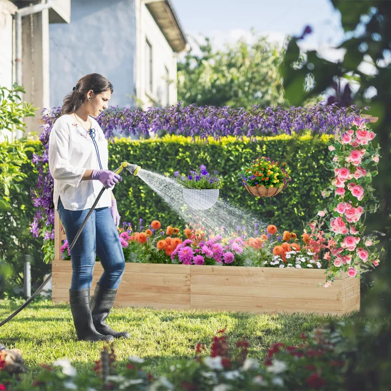 COSTWAY Blumenkasten mit Rankgitter & hängendem Dach, Pflanzkasten mit Rankhilfe, Hochbeet für Kletterpflanzen & hängende Körbe, für Hof Garten Terrasse, Pflanzkübel Holz, Natur (200x44x114cm) – Bild 2