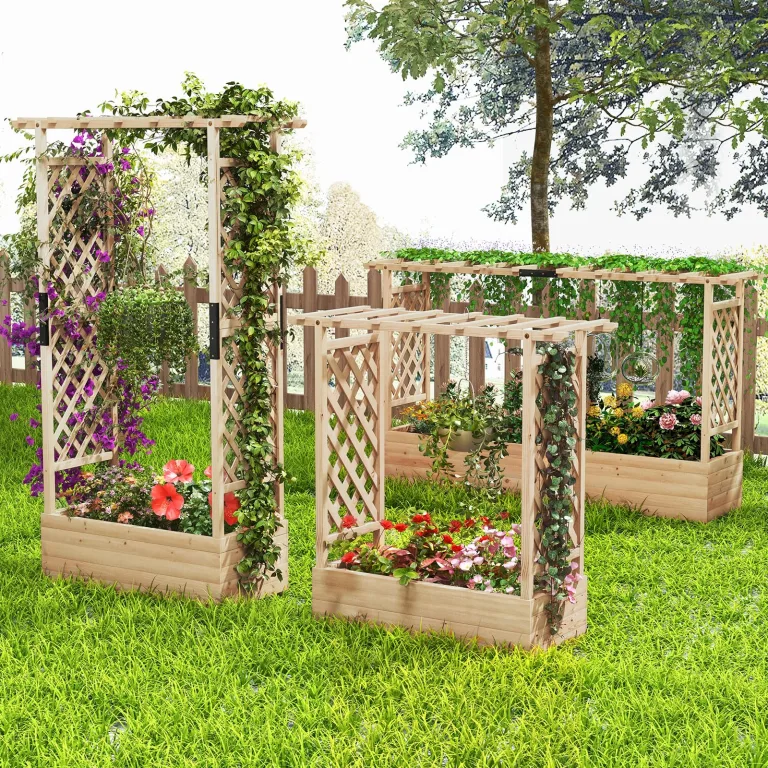 COSTWAY Blumenkasten mit Rankgitter & hängendem Dach, Pflanzkasten mit Rankhilfe, Hochbeet für Kletterpflanzen & hängende Körbe, für Hof Garten Terrasse, Pflanzkübel Holz, Natur (200x44x114cm) – Bild 8