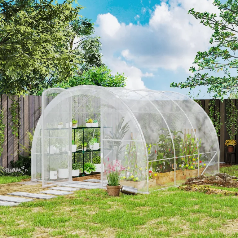 Outsunny Garten-Gewächshaus, Tunnel, 3 x 3 x 2 m, 9 m², mit Scharniertür, Plane aus Polyethylen, 150 g/m², für Gemüse, Pflanzen, Blumen – Bild 2
