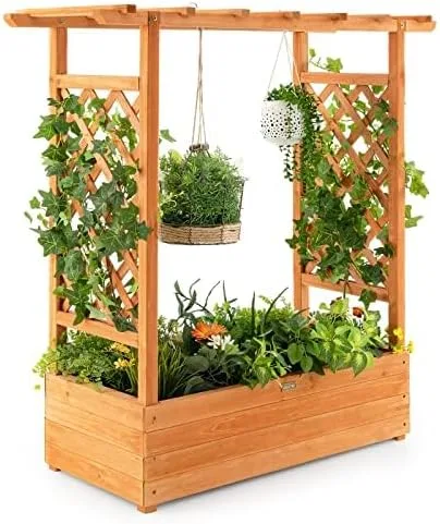 FANTASK Hochbeet mit Rankgitter & hängendem Dach, Pflanzkasten mit Rankhilfe, Blumenkasten für Kletterpflanzen & hängende Körbe 110 x 44 x113.5cm, Orange - Bild 1