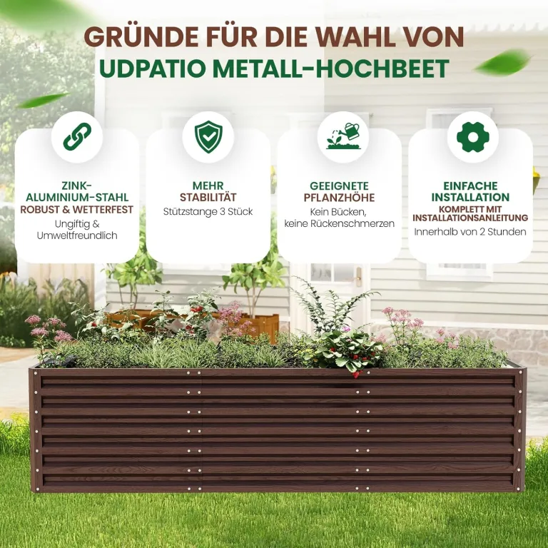 UDPATIO Hochbeet aus Metall,240x60x90 cm,Zink-Aluminium Freistehendes Hochbeete für Garten und Balkon, 1296 L Pflanzkasten für Garten, zum Anbau von Gemüse, Blumen und Obst, Rot Holz-Effekt – Bild 7