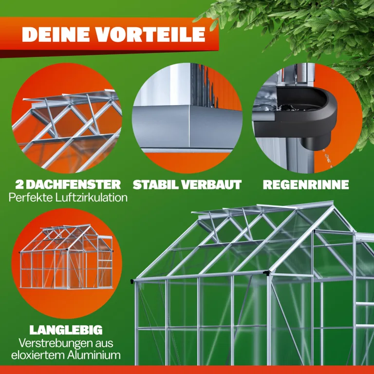 GARDEBRUK® Gewächshaus Aluminium 4,8m² 250x190cm inkl. 2 Dachfenster Tomatenhaus Treibhaus Anzuchthaus Garten Frühbeet Pflanzenhaus Aufzucht 7,63m³ – Bild 2