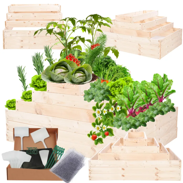 Hochbeet Holz, Kräuterbeet, Gartenbeet, Pflanzbeet, Blumenbeet, Stufenbeet, für Garten und Terrasse, Kiefernholz, Massivholz, höhenverstellbar, Abmessungen 54x117x120 cm, Farbe: Natur – Bild 1