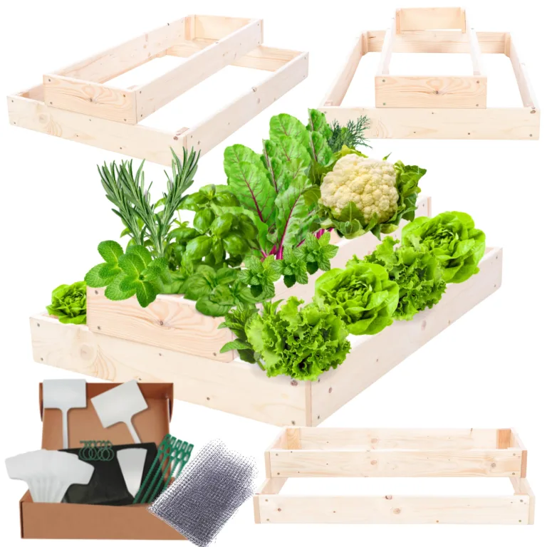 Hochbeet Holz, Kräuterbeet, Gartenbeet, Pflanzbeet, Blumenbeet, Stufenbeet, für Garten und Terrasse, Kiefernholz, Massivholz, höhenverstellbar, Abmessungen 18x60x60 cm, Farbe: Natur – Bild 1