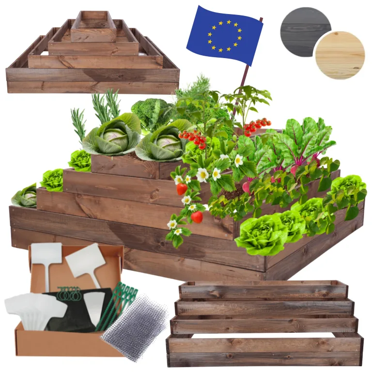 Hochbeet Holz, Kräuterbeet, Gartenbeet, Pflanzbeet, Blumenbeet, Stufenbeet, für Garten und Terrasse, Kiefernholz, Massivholz, höhenverstellbar, Abmessungen 45x117x120 cm, Farbe: Braun – Bild 1