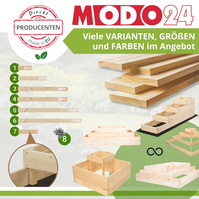 Hochbeet Holz, Kräuterbeet, Gartenbeet, Pflanzbeet, Blumenbeet, Stufenbeet, für Garten und Terrasse, Kiefernholz, Massivholz, höhenverstellbar, Abmessungen 45x117x120 cm, Farbe: Natur – Bild 7