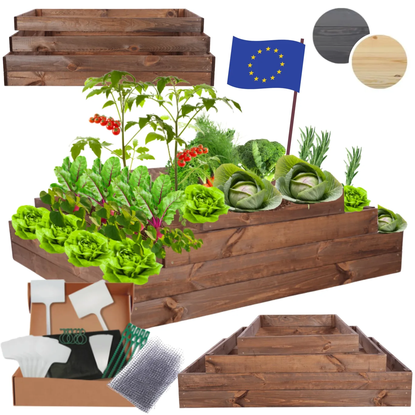 Hochbeet Holz, Kräuterbeet, Gartenbeet, Pflanzbeet, Blumenbeet, Stufenbeet, für Garten und Terrasse, Kiefernholz, Massivholz, höhenverstellbar, Abmessungen 36x117x100 cm, Farbe: Braun - Bild 1