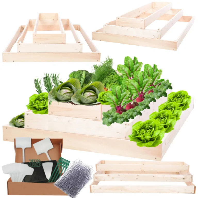Hochbeet Holz, Kräuterbeet, Gartenbeet, Pflanzbeet, Blumenbeet, Stufenbeet, für Garten und Terrasse, Kiefernholz, Massivholz, höhenverstellbar, Abmessungen 27x117x100 cm, Farbe: Natur – Bild 1