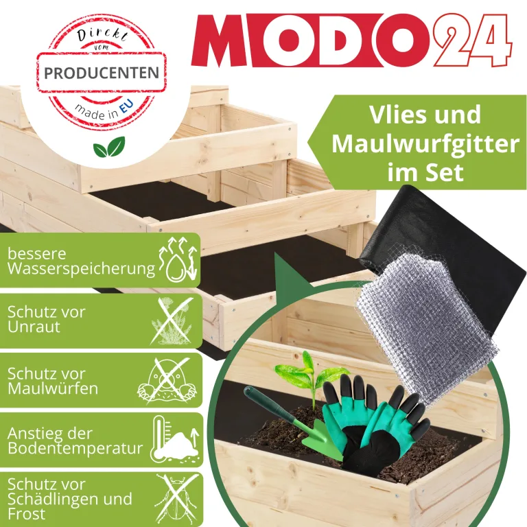 Hochbeet Holz, Kräuterbeet, Gartenbeet, Pflanzbeet, Blumenbeet, Stufenbeet, für Garten und Terrasse, Kiefernholz, Massivholz, höhenverstellbar, Abmessungen 45x117x30 cm, Farbe: Braun – Bild 4