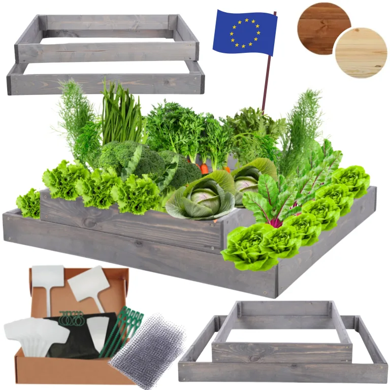 Hochbeet Holz, Kräuterbeet, Gartenbeet, Pflanzbeet, Blumenbeet, Stufenbeet, für Garten und Terrasse, Kiefernholz, Massivholz, höhenverstellbar, Abmessungen 18x90x90 cm, Farbe: Grau – Bild 1
