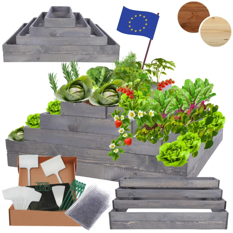 Hochbeet Holz, Kräuterbeet, Gartenbeet, Pflanzbeet, Blumenbeet, Stufenbeet, für Garten und Terrasse, Kiefernholz, Massivholz, höhenverstellbar, Abmessungen 45x117x120 cm, Farbe: Grau – Bild 1