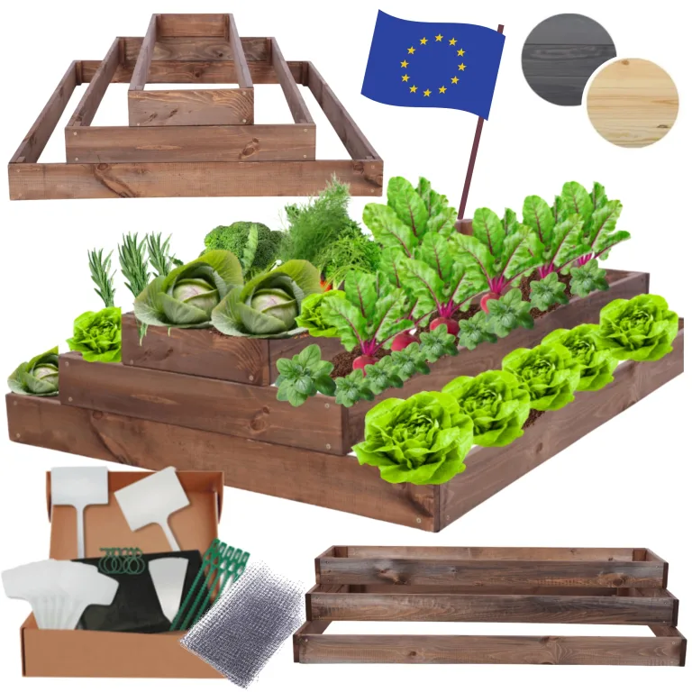 Hochbeet Holz, Kräuterbeet, Gartenbeet, Pflanzbeet, Blumenbeet, Stufenbeet, für Garten und Terrasse, Kiefernholz, Massivholz, höhenverstellbar, Abmessungen 27x117x100 cm, Farbe: Braun – Bild 1