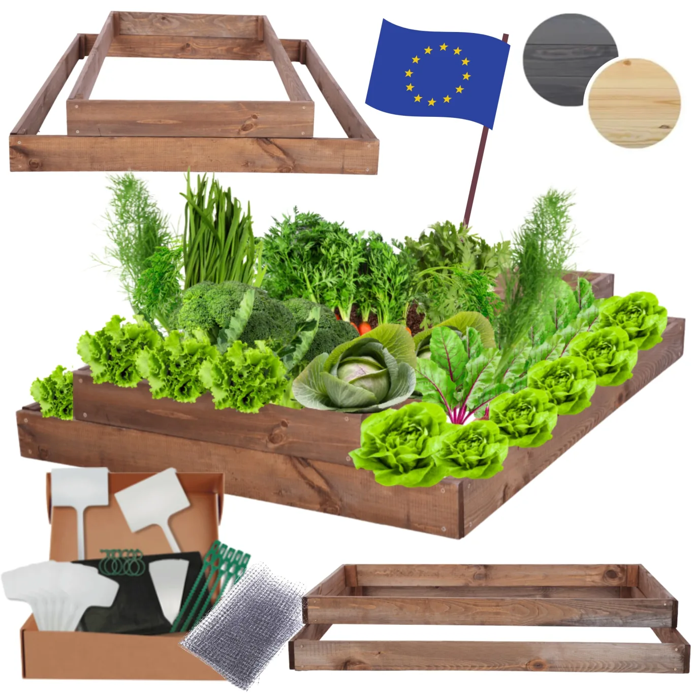 Hochbeet Holz, Kräuterbeet, Gartenbeet, Pflanzbeet, Blumenbeet, Stufenbeet, für Garten und Terrasse, Kiefernholz, Massivholz, höhenverstellbar, Abmessungen 18x90x120 cm, Farbe: Braun - Bild 1