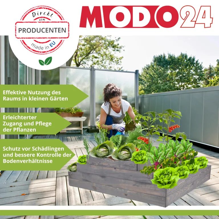 Hochbeet Holz, Kräuterbeet, Gartenbeet, Pflanzbeet, Blumenbeet, Stufenbeet, für Garten und Terrasse, Kiefernholz, Massivholz, höhenverstellbar, Abmessungen 54x117x60 cm, Farbe: Braun – Bild 2