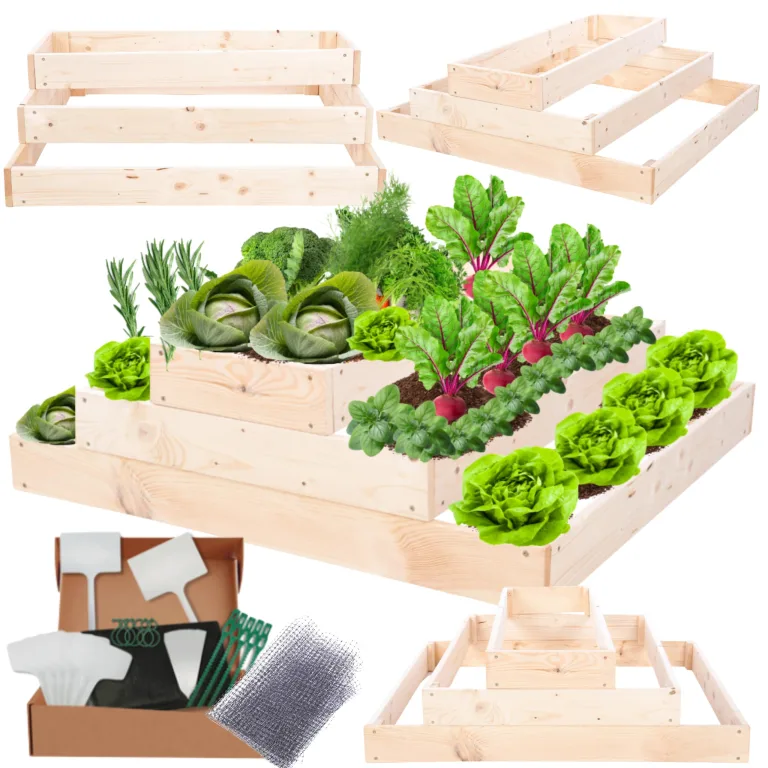 Hochbeet Holz, Kräuterbeet, Gartenbeet, Pflanzbeet, Blumenbeet, Stufenbeet, für Garten und Terrasse, Kiefernholz, Massivholz, höhenverstellbar, Abmessungen 27x117x60 cm, Farbe: Natur – Bild 1