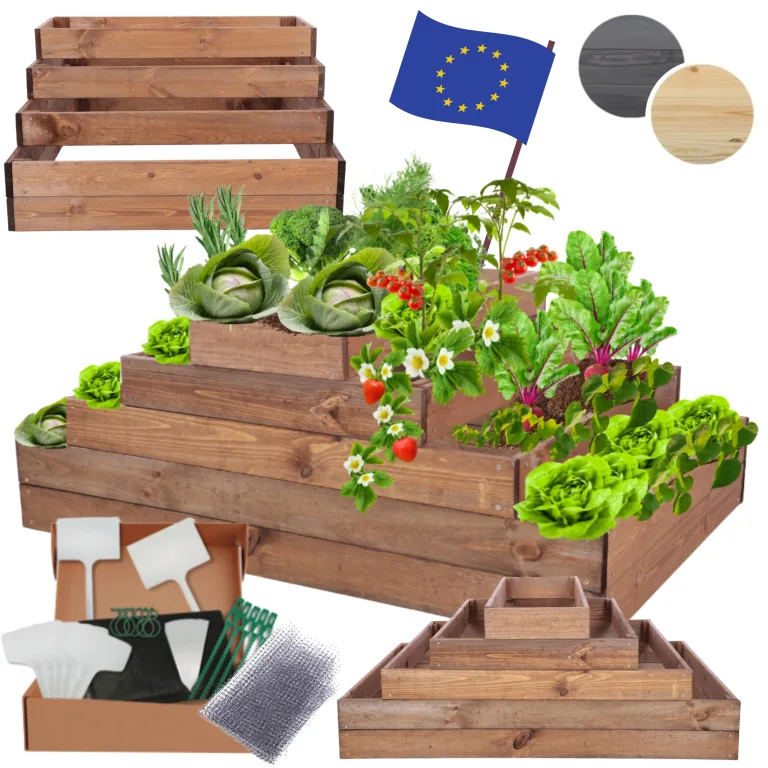 Hochbeet Holz, Kräuterbeet, Gartenbeet, Pflanzbeet, Blumenbeet, Stufenbeet, für Garten und Terrasse, Kiefernholz, Massivholz, höhenverstellbar, Abmessungen 45x117x90 cm, Farbe: Braun – Bild 1