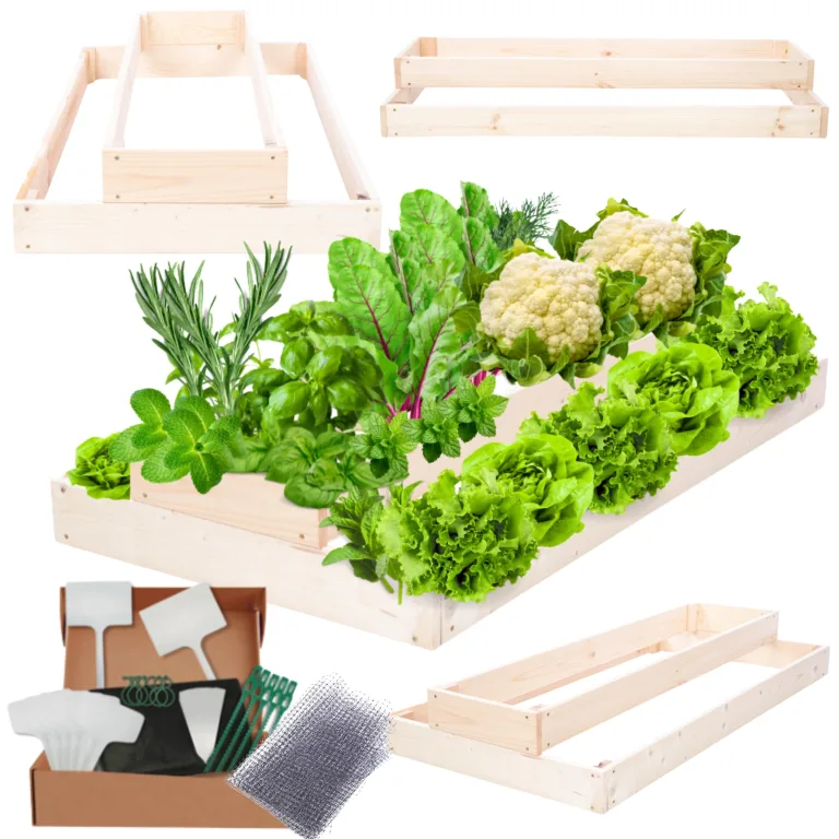 Hochbeet Holz, Kräuterbeet, Gartenbeet, Pflanzbeet, Blumenbeet, Stufenbeet, für Garten und Terrasse, Kiefernholz, Massivholz, höhenverstellbar, Abmessungen 18x60x120 cm, Farbe: Natur – Bild 1