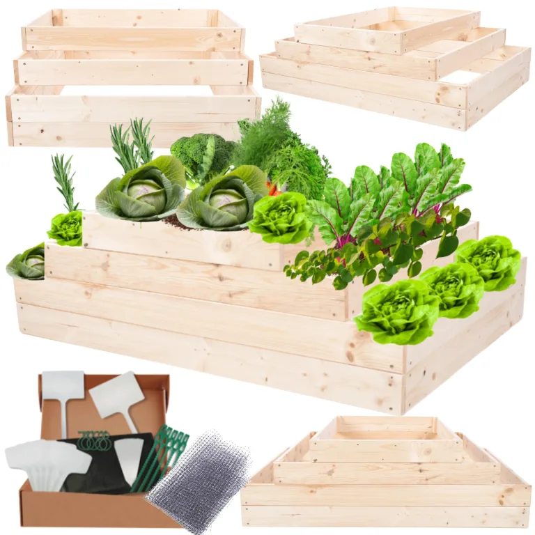 Hochbeet Holz, Kräuterbeet, Gartenbeet, Pflanzbeet, Blumenbeet, Stufenbeet, für Garten und Terrasse, Kiefernholz, Massivholz, höhenverstellbar, Abmessungen 36x117x90 cm, Farbe: Natur – Bild 1