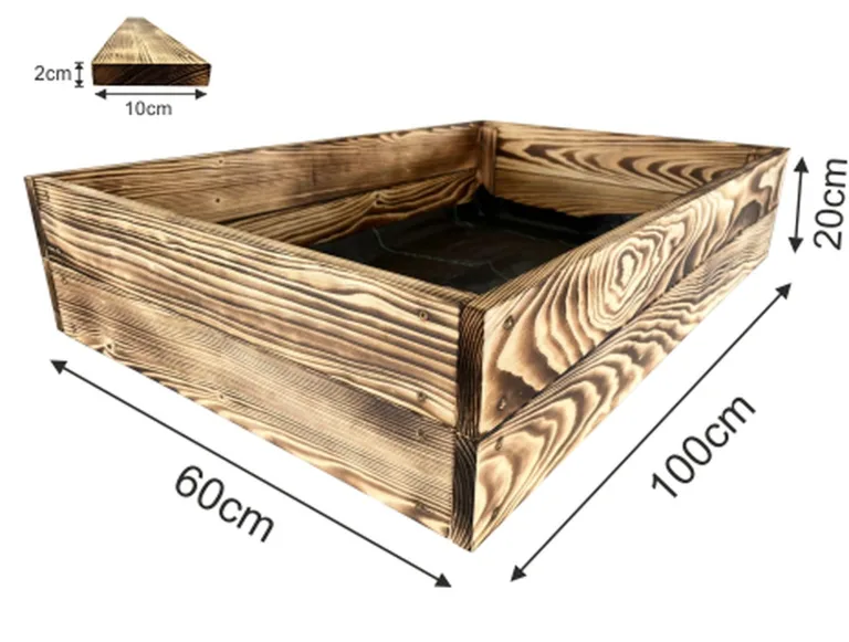 Lermowoood Hochbeet aus Holz 100x60x20 cm Geflammt – Pflanzkasten für Gemüse & Kräuter – mit Agrovließ – steckbar & stapelbar- Aussenbereich ideal für Garten, Balkon & Terrasse – Bild 3