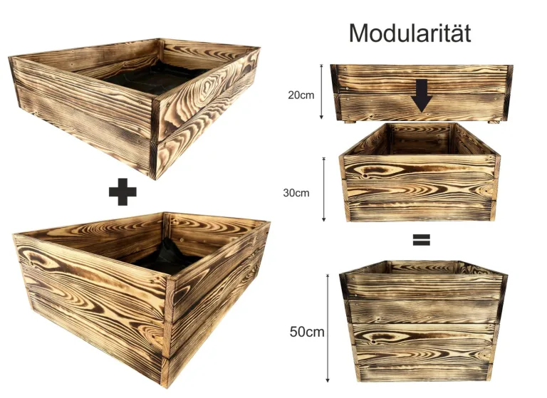 Lermowoood Hochbeet aus Holz 80x80x30 cm Geflammt – Pflanzkasten für Gemüse & Kräuter – mit Agrovließ – steckbar & stapelbar- Aussenbereich ideal für Garten, Balkon & Terrasse – Bild 5