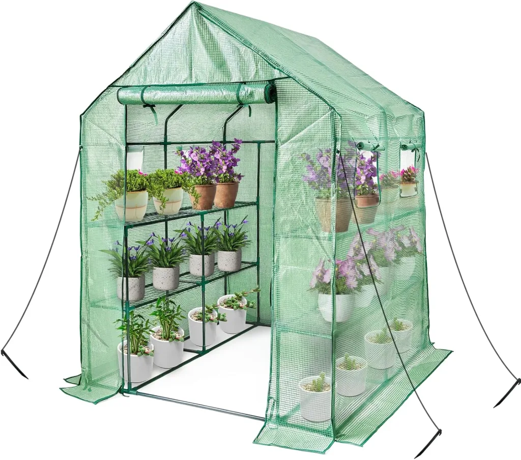 Begehbares Gewächshaus mit Regalen, Kunststoff-Gewächshausrahmen für Garten, 12 Etagen, Gewächshaus mit verstärkter PE-Abdeckung und 4 Fenstern, 143 x 143 x 195 cm, für Innen- und