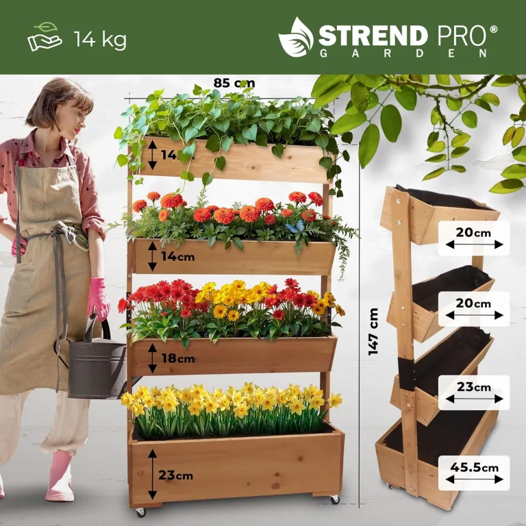 STREND PRO Balkon Hochbeet 4 Etagen Holz | 147x85x45cm (HxBxT) | Wetterfestes Vertikalbeet Pflanzentreppe Outdoor | Kräuterbeet Balkon für Blumen, Kräuter & Gemüse – für Terrasse, Garten – Bild 3