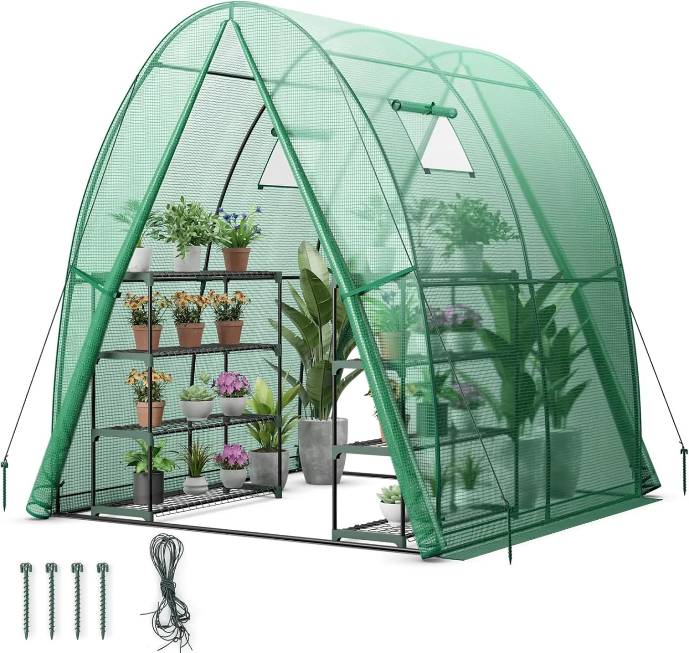 GOPLUS Gewächshaus, Tomatengewächshaus mit PE-Abdeckung & Metallrahmen, begehbares Foliengewächshaus mit Aufrollfenster & Aufrolltor, Treibhaus für Blumen, Pflanzen, 181 x 181 x 200 cm (Grün) - Bild 1