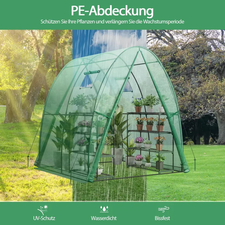 GOPLUS Gewächshaus, Tomatengewächshaus mit PE-Abdeckung & Metallrahmen, begehbares Foliengewächshaus mit Aufrollfenster & Aufrolltor, Treibhaus für Blumen, Pflanzen, 181 x 181 x 200 cm (Grün) – Bild 3