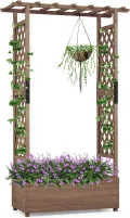 GOPLUS Hochbeet mit Rankgitter, Blumenkasten mit hängendem Dach & Ablauflöchern, Pflanzkasten Rankhilfe Pflanzkübel für Garten, Terrasse, Hof (110 x 44 x 182 cm,Braun) - Thumbnail 1