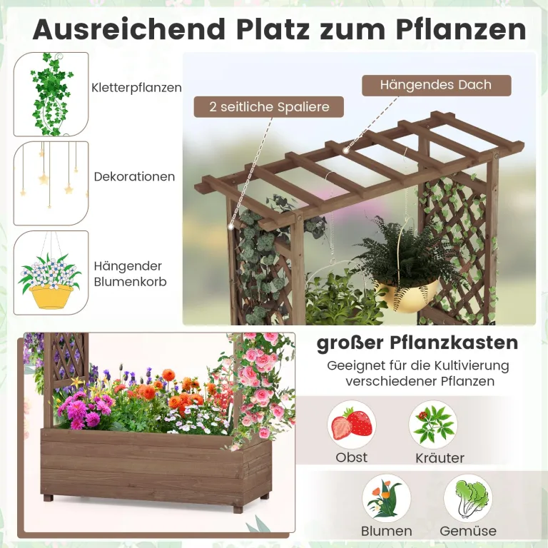 COSTWAY Blumenkasten mit Rankgitter & hängendem Dach, Pflanzkasten mit Rankhilfe, Hochbeet für Kletterpflanzen & hängende Körbe, für Hof Garten Terrasse, Pflanzkübel Holz, Braun (110x44x182cm) – Bild 2