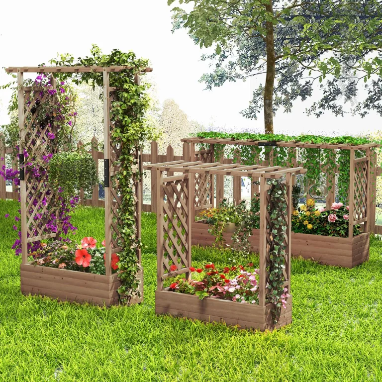 COSTWAY Blumenkasten mit Rankgitter & hängendem Dach, Pflanzkasten mit Rankhilfe, Hochbeet für Kletterpflanzen & hängende Körbe, für Hof Garten Terrasse, Pflanzkübel Holz, Braun (110x44x182cm) – Bild 7