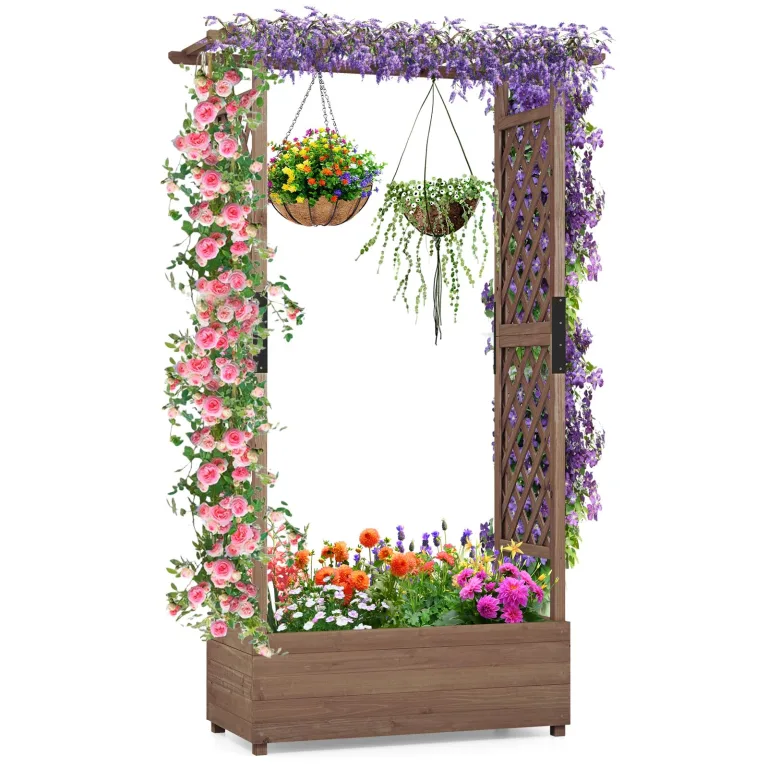 COSTWAY Blumenkasten mit Rankgitter & hängendem Dach, Pflanzkasten mit Rankhilfe, Hochbeet für Kletterpflanzen & hängende Körbe, für Hof Garten Terrasse, Pflanzkübel Holz, Braun (110x44x182cm) – Bild 1