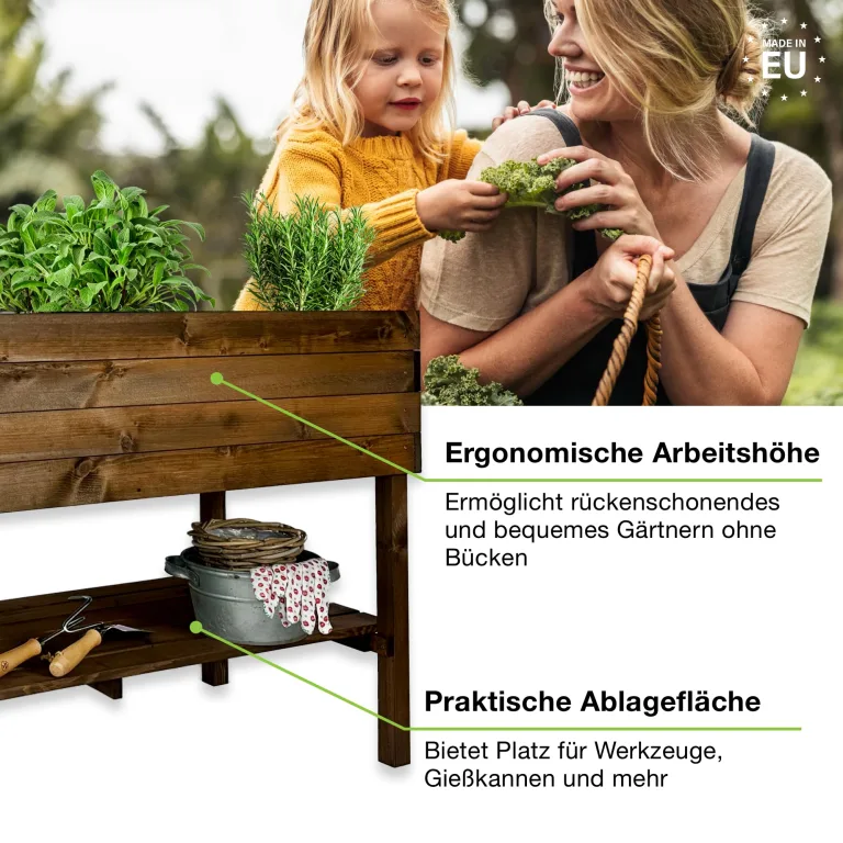 GARTENETAGE Hochbeet XXL mit Ablage und Pflanzfolie - Nachhaltiges Design, Wetterfest, Rückenschonend, Praktische Ablage, Inklusive Pflanzfolie, Braun – Bild 2