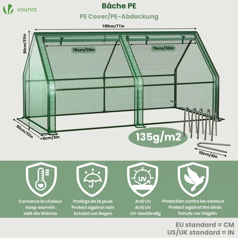 VOUNOT Gewächshaus Mini 180x90x90 cm mit 2 Rolltür, Klein Foliengewächshaus für Balkon, Garten, Tomatengewächshaus Stabil Winterfest Wetterfest, Verstärkte PE-Folie 135g/m², Grün – Bild 3