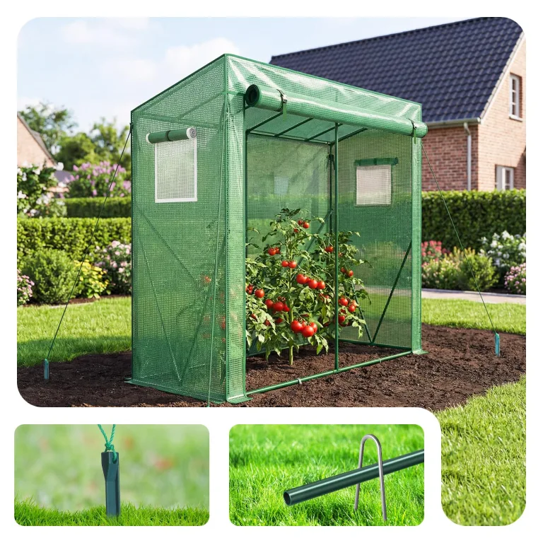 VOUNOT Gewächshaus Foliengewächshaus 200x77x170 cm, Schrägdach Tomatengewächshaus mit 2 Sichtfenster, Stabil Tomatenhaus für Gemüse, Blumen & Obst, Verstärkte PE-Folie 135g/m², Grün – Bild 4