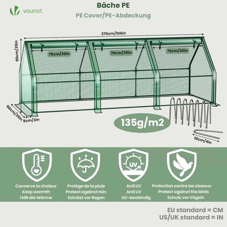 VOUNOT Gewächshaus Mini 270x90x90 cm mit 3 Rolltür, Klein Foliengewächshaus für Balkon, Garten, Tomatengewächshaus Stabil Winterfest Wetterfest, Verstärkte PE-Folie 135g/m², Grün – Bild 3