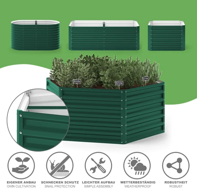 ok-Living Hochbeet Kräuterbeet Gemüsebeet sechseckig 129x129x60cm (LxBxH) grün Pflanzkasten Frühbeet Aufzucht Beet Garten – Bild 7