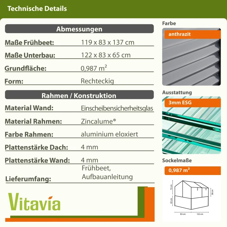 Vitavia Hochfrühbeet „Paris“ | Granit/Schwarz, 3 mm ESG Sicherheitsglas | Hochbeet & Frühbeet in einem | Wetterfest & Langlebig | Abnehmbarer Frühbeetaufsatz | Optimale Wachstumsbedingungen – Bild 3