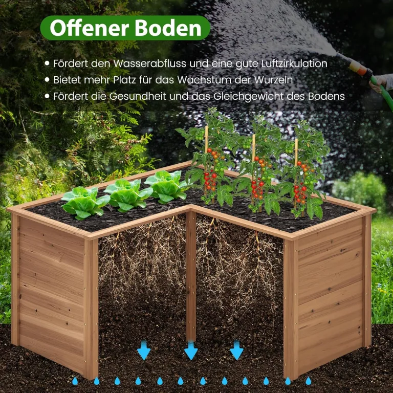 COSTWAY Erhöhtes Hochbeet Holz, Gartenbeet tief, Pflanzkasten mit offenem Boden, für Balkon Garten Terrasse, Pflanzenbeet L-förmig, Kräuterbeet Pflanzkasten, Tannenholz, 120 x 120 x 63 cm (Braun) – Bild 4