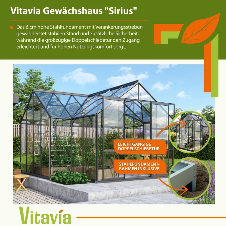 Vitavia Gewächshaus Sirius | 13 m² | 3 mm ESG | schwarz pulverbeschichtet | Inkl. Stahlfundament & 3 Regenfallrohre | 4 Dachfenster & Doppelschiebetür | Stilvolle Orangerie – Bild 2