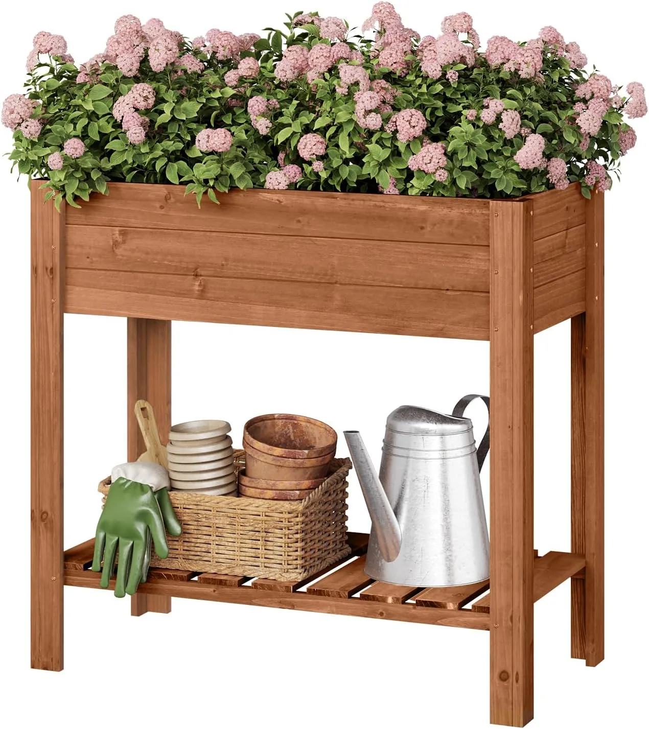 WOLTU Hochbeet Holz, 80x75x40 cm, mit Blumenkasten Ablageboden Folie, Gemüsebeet Kräuterbeet, für Balkon Garten Terasse Outdoor, Braun - Bild 1