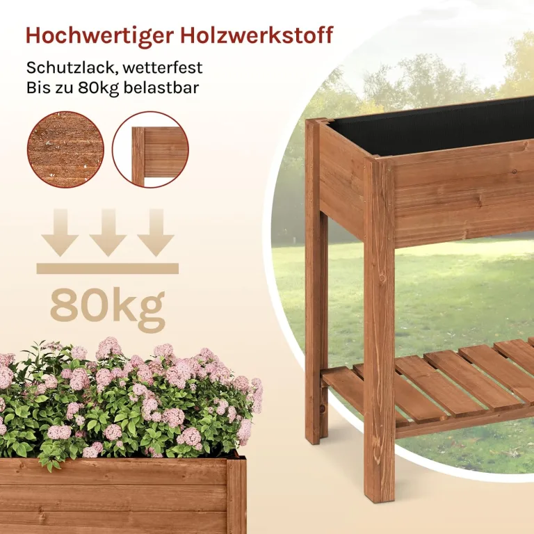 WOLTU Hochbeet Holz, 80x75x40 cm, mit Blumenkasten Ablageboden Folie, Gemüsebeet Kräuterbeet, für Balkon Garten Terasse Outdoor, Braun – Bild 6