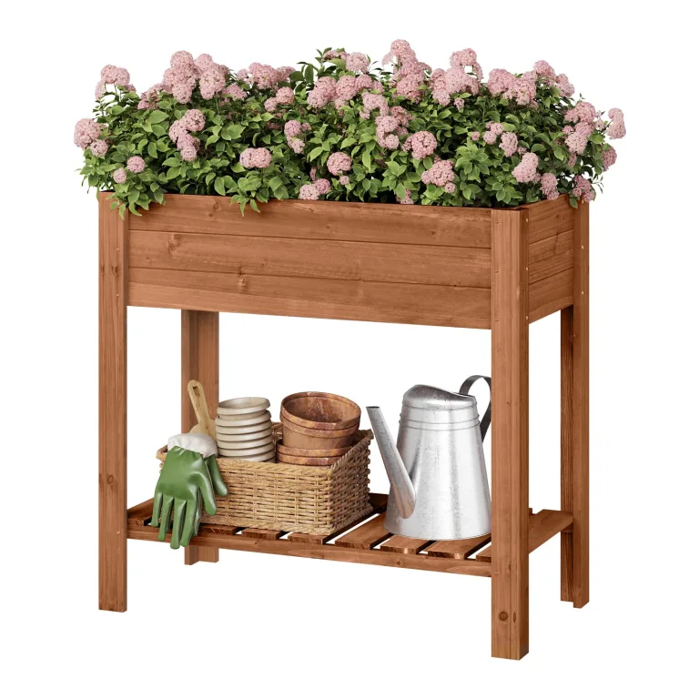 WOLTU Hochbeet Holz, 80x75x40 cm, mit Blumenkasten Ablageboden Folie, Gemüsebeet Kräuterbeet, für Balkon Garten Terasse Outdoor, Holzfarbe – Bild 10