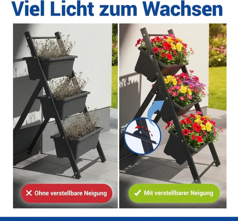 Maximex Vertikales Hochbeet 3 Etagen, mit 3 Pflanzkästen, wetterbeständig, verstellbare Neigung, Drainage, für Balkon und Terrasse, 56,5 x 85 x 61 cm, Metall/Kunststoff – Bild 6